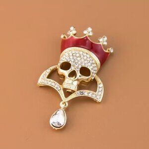 Cute Crystal covered Skull & Colorful Red Crown Pendant Fashion Brooch Pin
